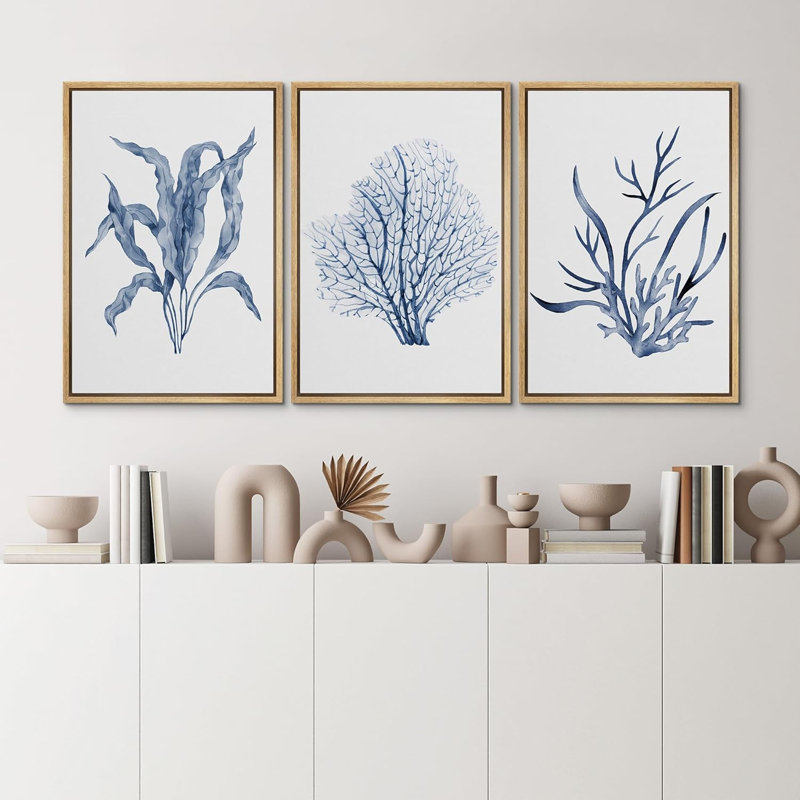 Feuille de plante bleue 3 pièces, H 36 po x l 24 po x P 1,5 po, Naturel