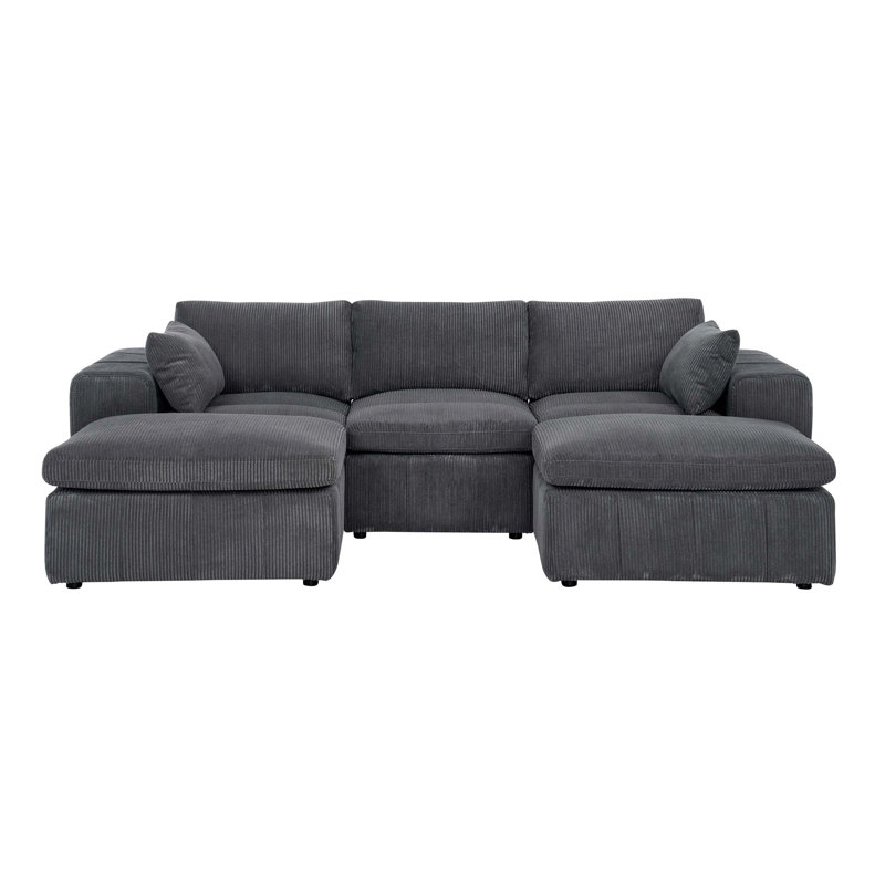 Large Arms Cordory Upholstered Modular Sectional With 2 Ottomans, Dark Gray