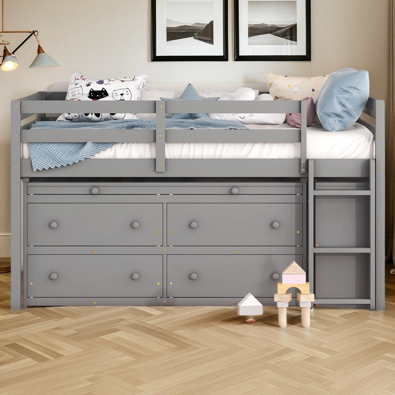 Lit mezzanine avec bureau d'écriture rétractable et 4 tiroirs, Lit double, Gris