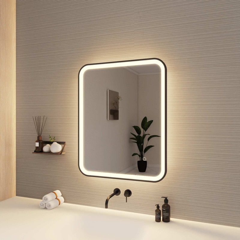 30 Inch Rectangle LED Front and Backlit Wall Mirror in Black, Black, 30" x 24"