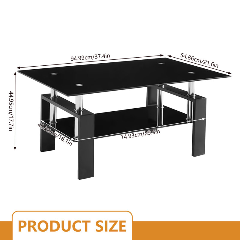 Table basse rectangulaire en verre, 17.7" H x 37.4" W x 21.6" D, Noir, Noir