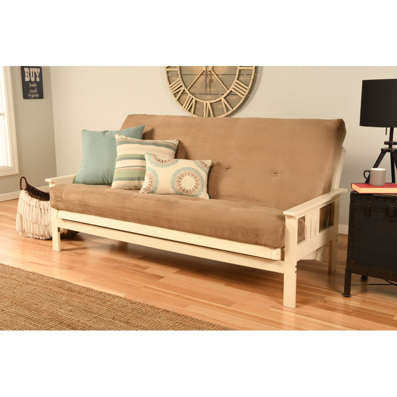 Johnte Full-Size Futon Frame and Full-Size Innerspring Mattress, À ressorts, Peat Microsuede, Blanc antique
