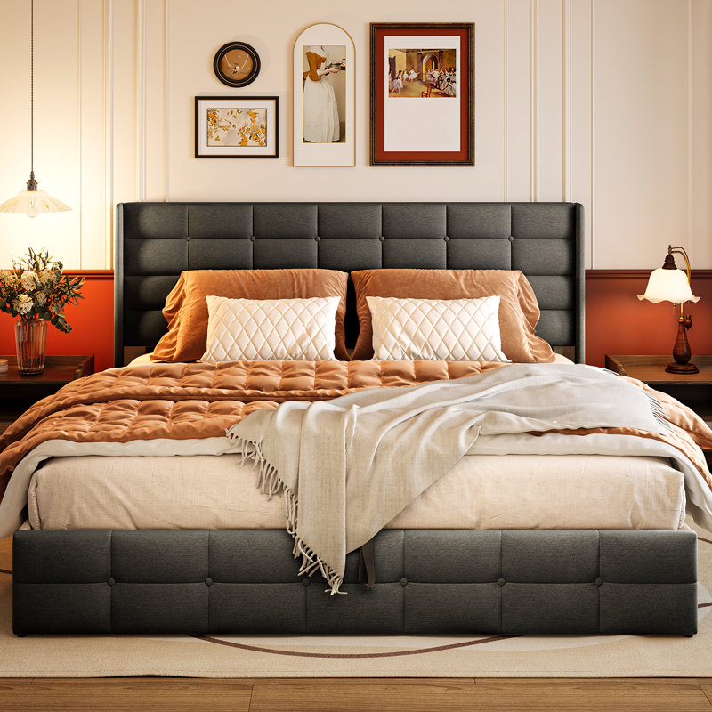 Minos 42â€ Upholstered Platform Bed with Headboard, Lift Storage, Hydraulic Design, Dark Gray, King