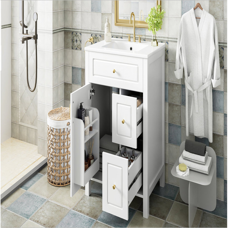 Meuble-lavabo de 24 pouces avec lavabo en céramique, 1 porte à fermeture en douceur, 2 tiroirs à fermeture en douceur et 2 supports de rangement sur la porte