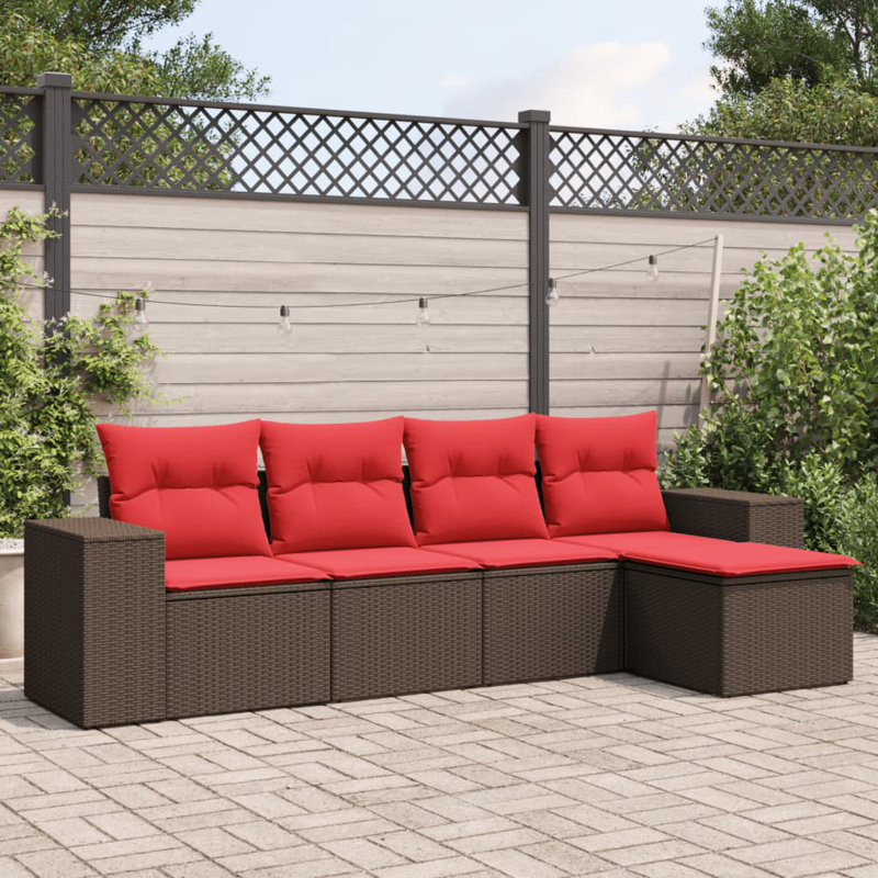 6 Piece Patio Sofa Set With Cushions Poly Rattan, Red Cushion/Brown Frame