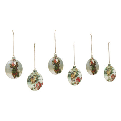 Vintage Santa and Reindeer Metal Ornaments Set of 6 - 4.75 inch