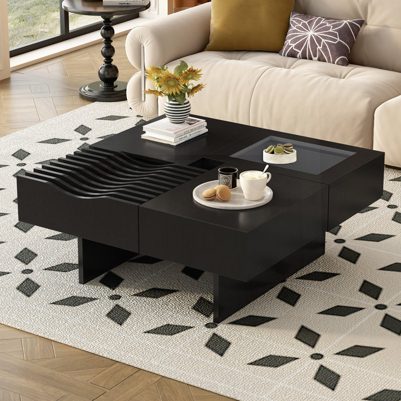 Table basse de 33 pouces de style Mid-Century moderne, conception carrée unique avec 3 tiroirs, verre trempé et pieds en bois massif pour le salon
