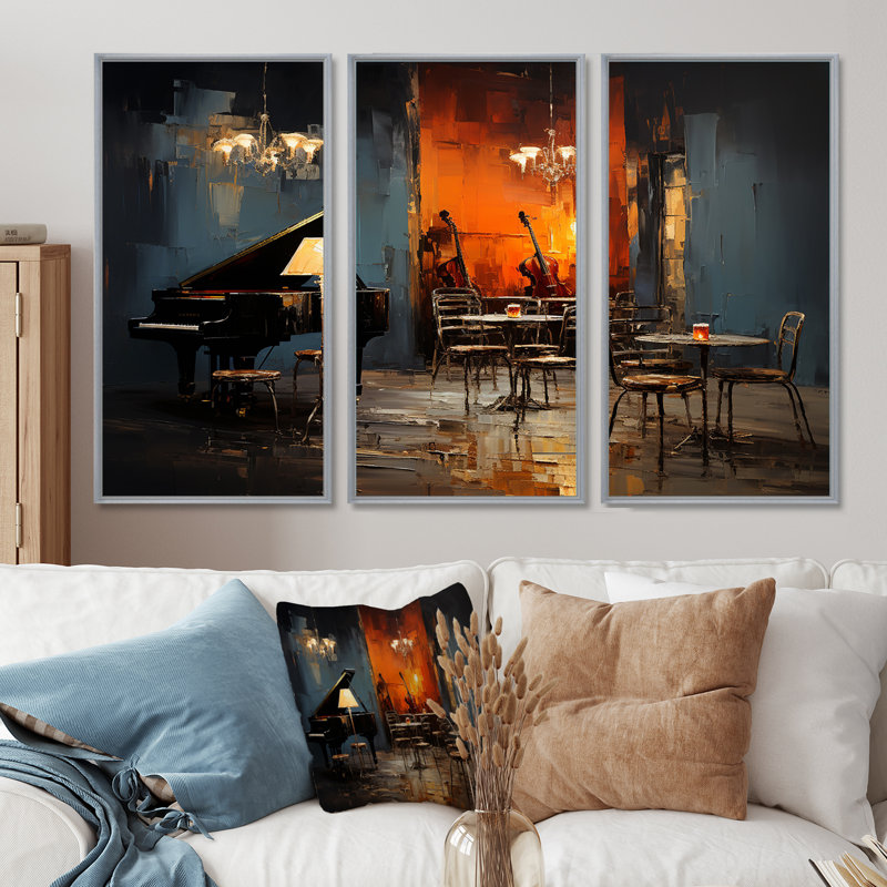 Rétro Sonate pour piano dans Jazz Cafe II - musique Jazz Art mural, H 32 po x l 48 po x P 1 po, Cadre argenté flottant