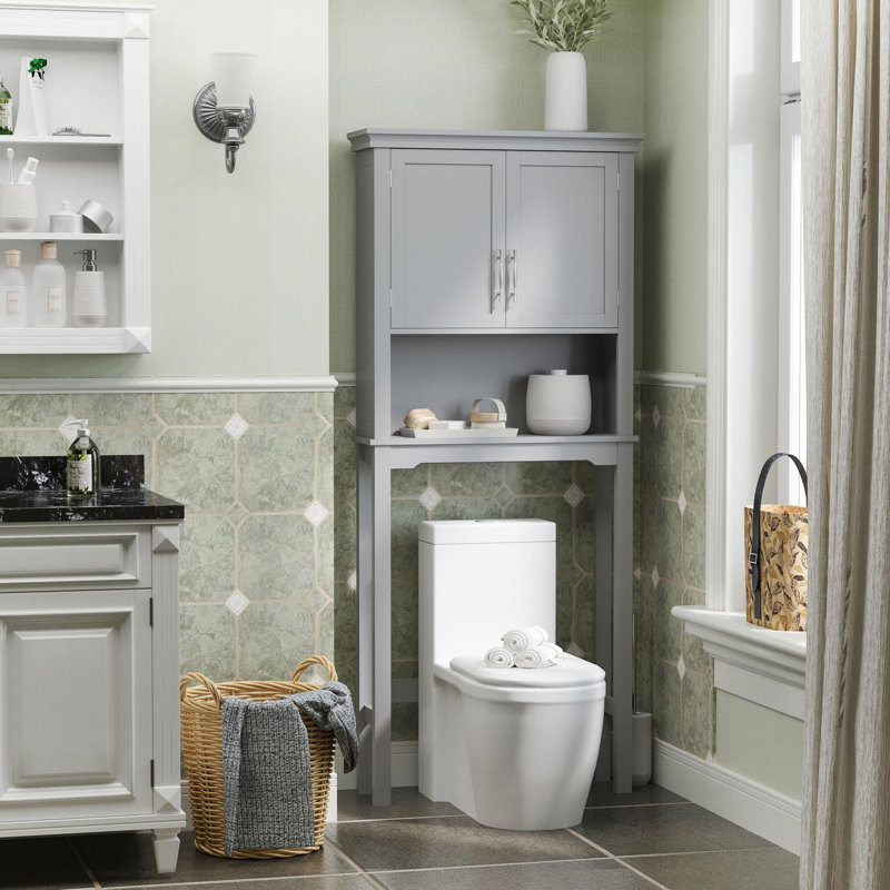 Modern Over The Toilet Storage Cabinet, Double Door Bathroom Organizer with Inner Adjustable Shelf and Open Shelf, Grey