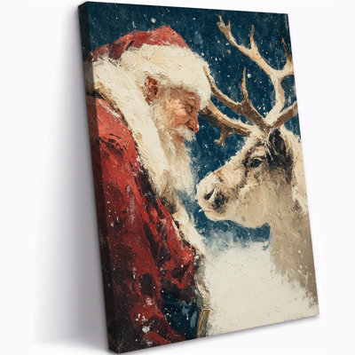 Winter Santa Claus & Reindeer Canvas Wall Art Holiday Painting, Christmas Scene Picture Print, Farmhouse Christmas Decor, Ready to Hang, Canvas Artwork Poster for Living Room Bedroom Bathroom Fireplace, 12×16 Inches