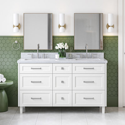 Ariel Monroe 61 Inch Double Rectangular Sink Bathroom Vanity With Italian Carrara Marble Countertop