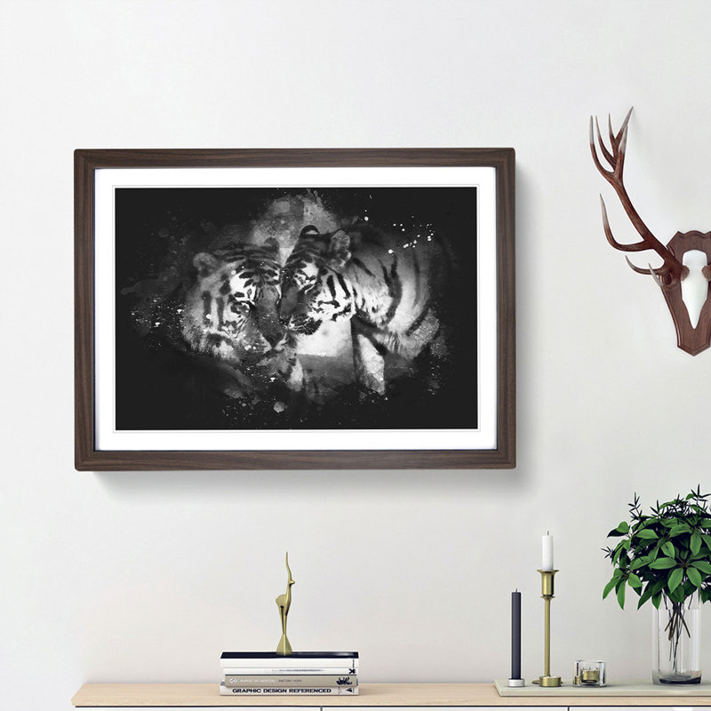 Two Snuggling Tigers - Picture Frame Graphic Art Print, Walnut Framed, 33cm H x 45cm W x 2cm D