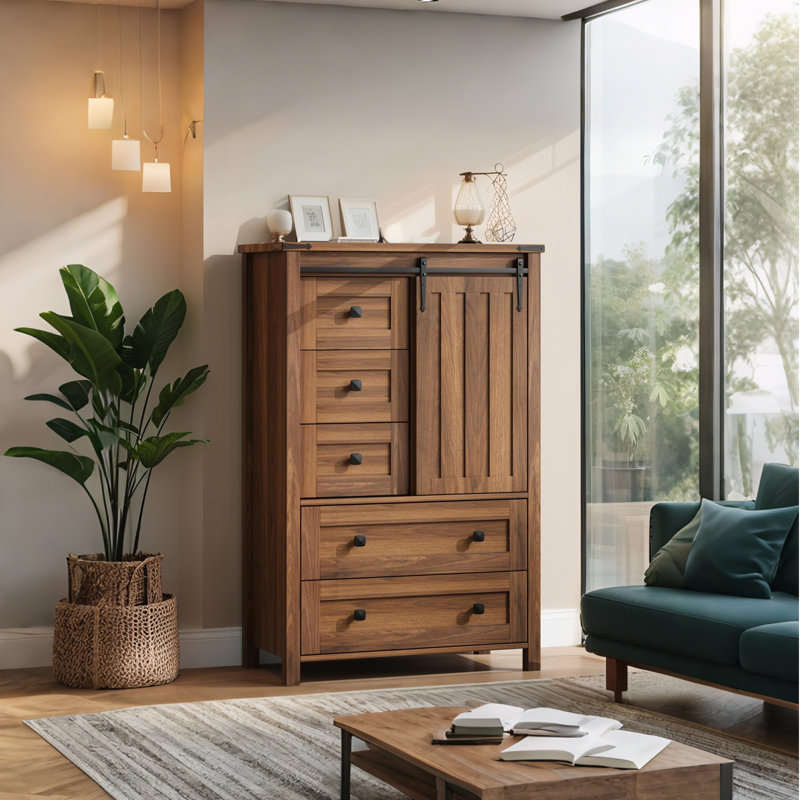  Farmhouse 5 Drawer Dresser, 48" Tall Chest with Barn Door & Shelf, Bedroom Storage Cabinet, Brown