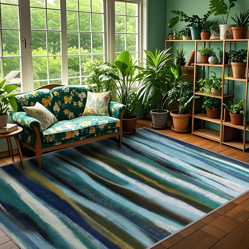 Abstract 4x6 Area Rug, Modern Stripe Teal Rugs for Entryway, Washable Soft Door Mat Non-Slip Floor Carpet for Dining Room Kitchen Bedroom - Teal/Multi