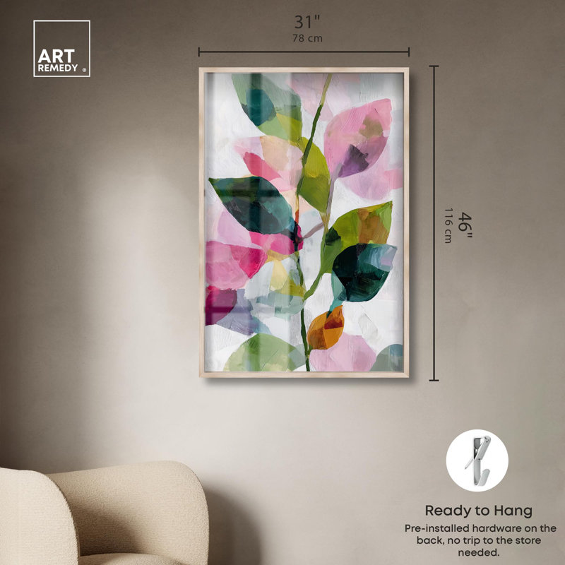 «Vibrant Leaves III Shadowbox Print», art mural palmier rose par Art Remedy, cadre blond, 31 x 46, H 46 po x l 31 po