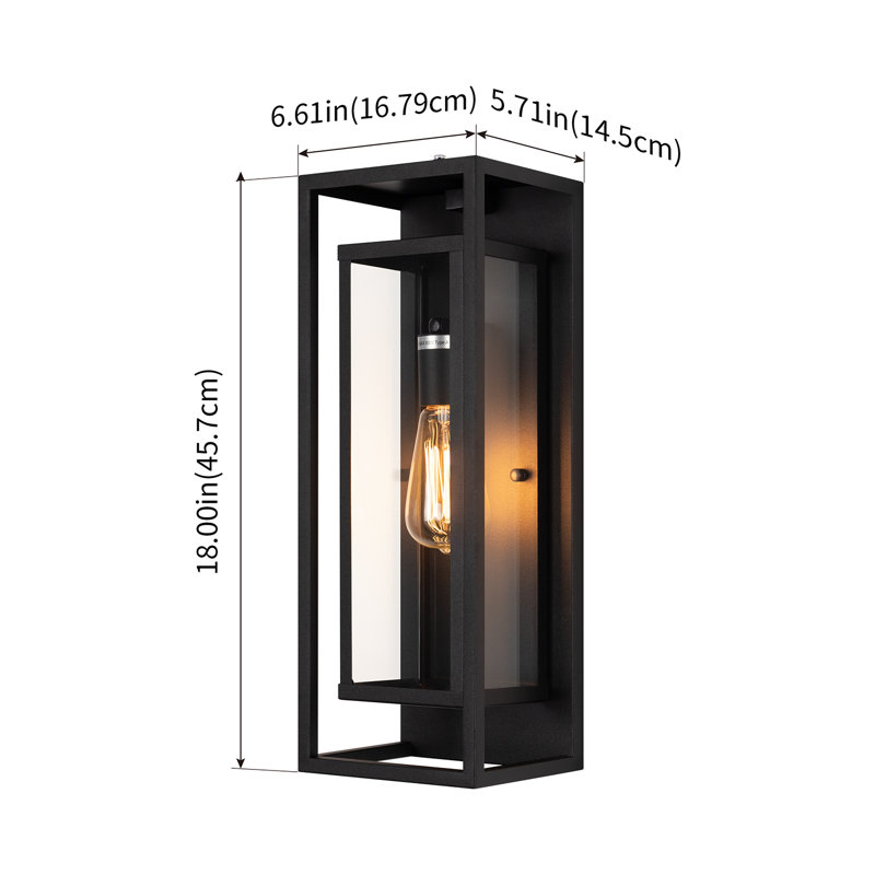 Polikron Classic Outdoor Wall Sconce 1 Light with Dusk to Dawn in Matte Black Rectangular, 18" H x 6.61" W x 5.71" D