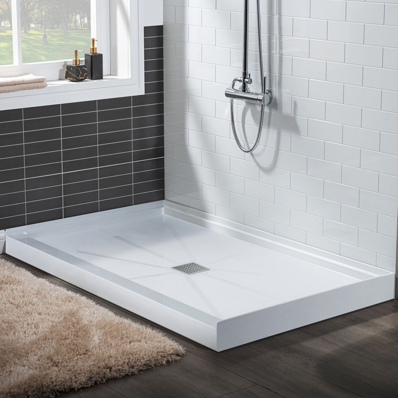  48" W x 36" D Single Threshold Non-Slip Solid Surface Shower Pan Base with Drain Assembly and Drain Cover Included, Centre