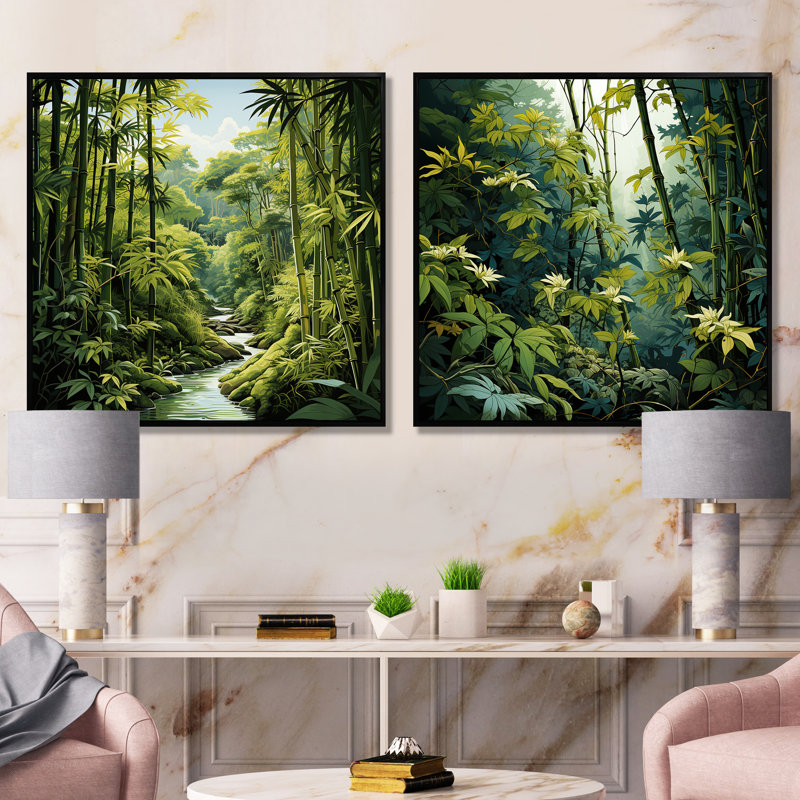 «Relaxing Bamboo Jungle I», ensemble de 2 reproductions d'art sur toile de bambou, Cadre flottant noir