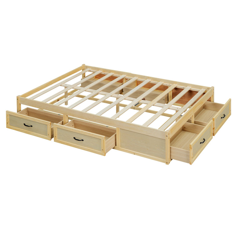 Lit plateforme avec 6 tiroirs de rangement, Naturel antique, Lit double