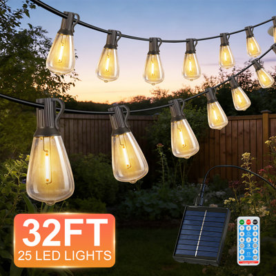 32FT solar outdoor light string, 25 LED warm white courtyard light, 8 modes, remote control, USB charging, including spare light bulbs, garden decoration, backyard decoration, party decoration