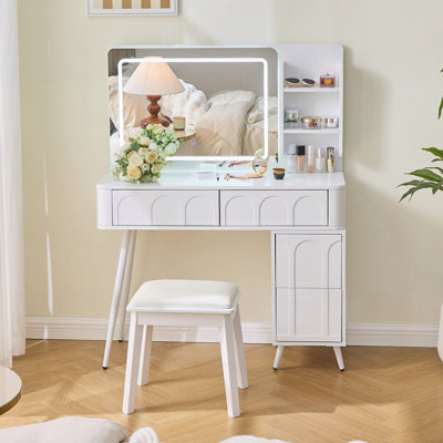 Ensemble de coiffeuse avec lumières DEL, miroir et coiffeuse 4 tiroirs avec tabouret pour chambre à coucher moderne