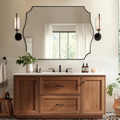 Anayalee Traditional Scalloped Rectangle Bathroom Vanity Mirror | Stainless Steel Frame