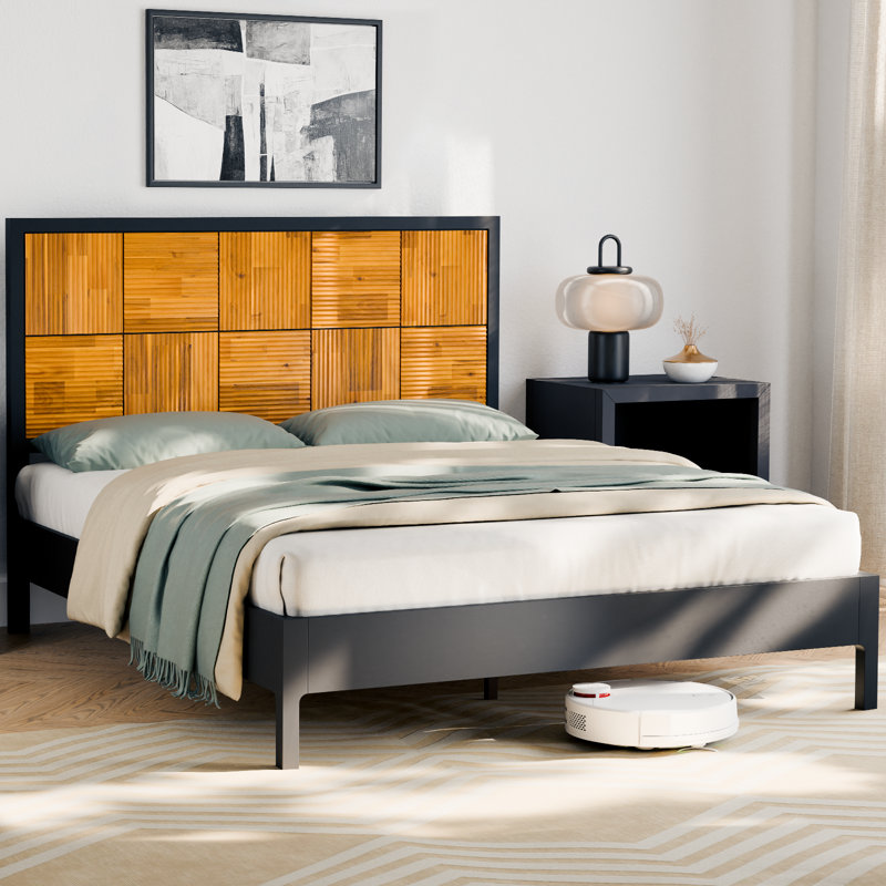Vivian Jade Platform Bed Frame with Solid Wood and Headboard,  Contemporary Bed Frame, Queen, Black