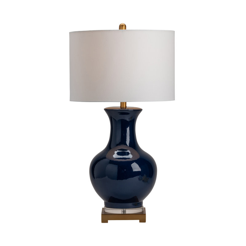 Deep Blue Ceramic Table Lamp with White Linen Shade
