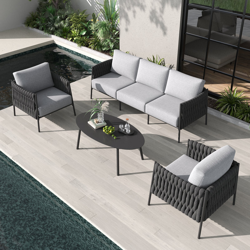 4 Piece Outdoor Furniture Set with Coffee Table, Modern Rope Woven Patio Conversation Sofa Set with Olefin Braid and Deep Seating