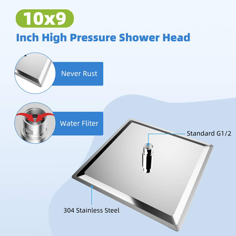 cUPC Certified High Pressure 10-inch Rainfall Shower Head/ Handheld Shower Combo with 10-setting Handheld Sprayer, 12-inch Curved adjustable curved extension arm, 71-inch Stainless Steel Shower Hose, Chrome