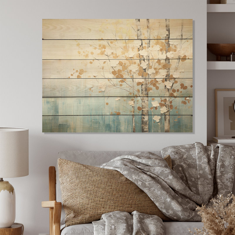 Minimalism Blue And Gold Forest I - Forest Wood Wall Art On Natural Pine Wood, 10" H x 20" W