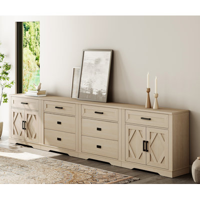 Très grand classeur de 126 po de largeur, console de rangement de bureau de ferme 4-en-1 avec 6 tiroirs et sections de porte de grange de rangement, classeur spacieux avec tablettes réglables pour le bureau, la chambre à coucher, beige