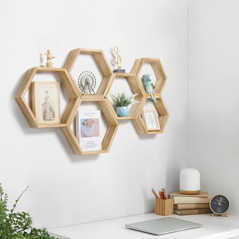 Ensemble de 6 tablettes hexagonales murales en bois avec rangement en nid d'abeille pour la maison, le salon, la chambre à coucher et le bureau