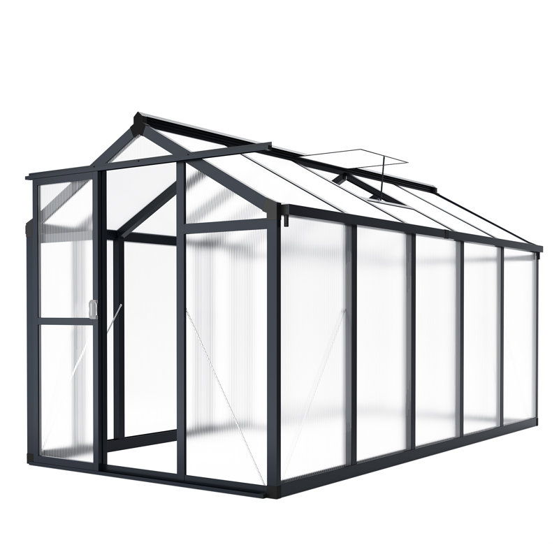 Serre de jardin en aluminium gris foncé de 6 x 10 pi avec évent de toit et porte coulissante verrouillable, polycarbonate robuste pour jardin, cour ou patio