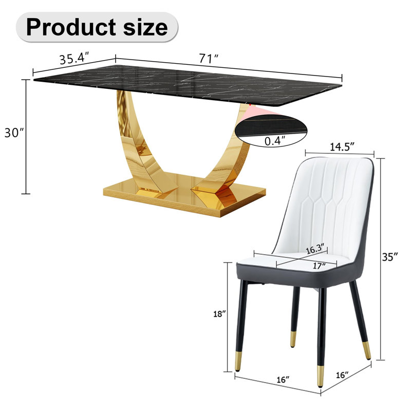 Ensemble de table de salle à manger 71 ", plateau en verre trempé avec pieds en métal, 7 pièces : table, 6 chaises