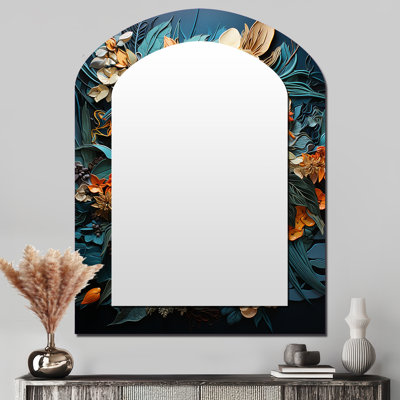 Orange orange tropical Tangle III - miroir asymétrique à collages abstraits, miroir mural moderne à forme unique, art imprimé en métal