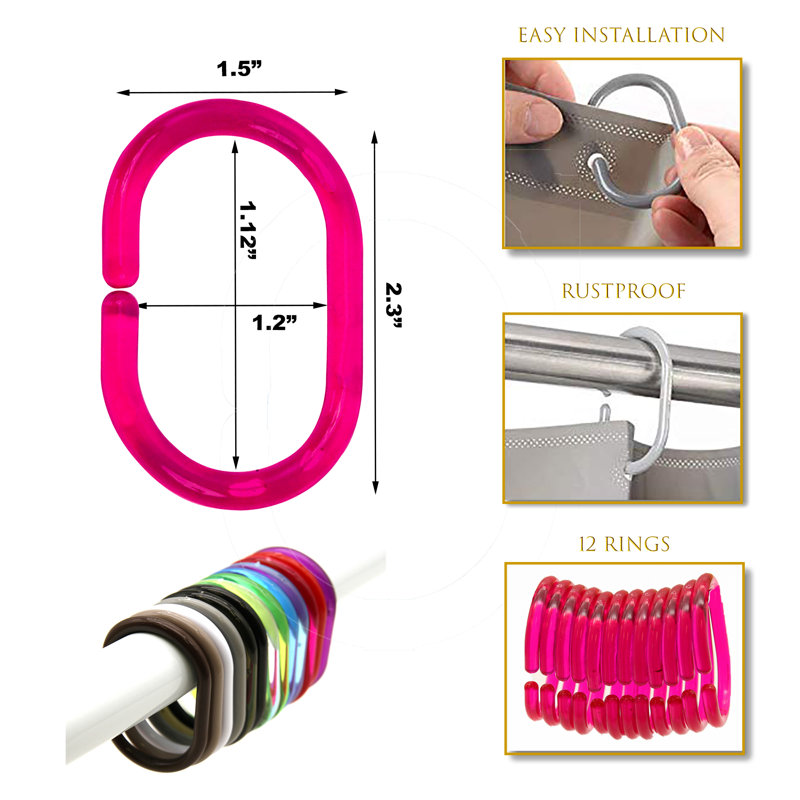 Clear Pink Plastic Shower Curtain Hooks Set of 12