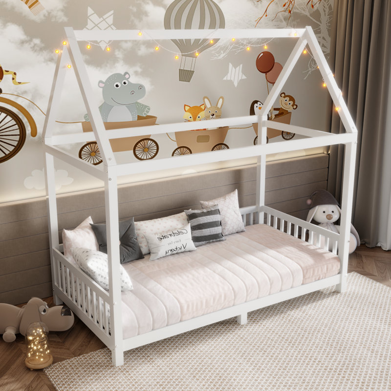 Wood Twin Size House Bed With Guardrail And LED, White, Twin