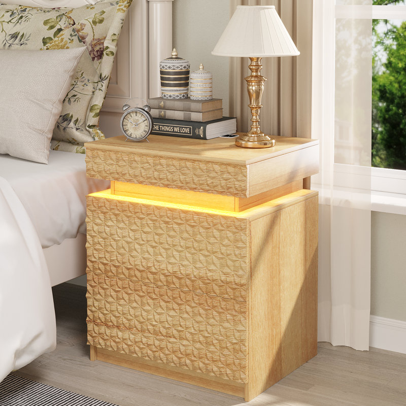 Table de chevet 2 tiroirs avec lumière, Bois