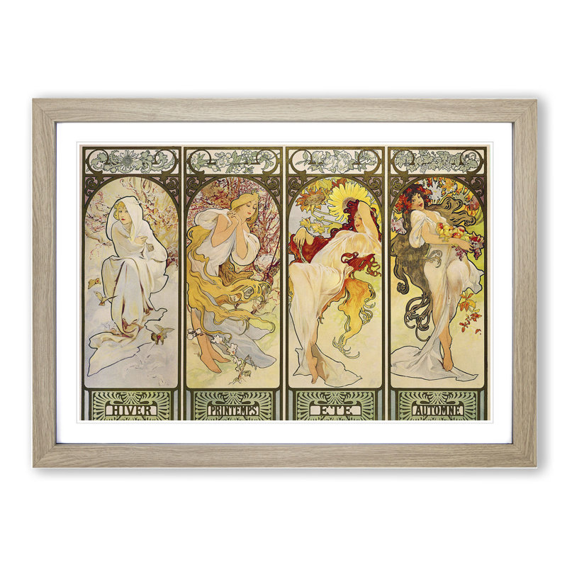 The Four Seasons by Alphonse Mucha - Picture Frame Painting on MDF, 36cm H x 48cm W x 2cm D, Oak