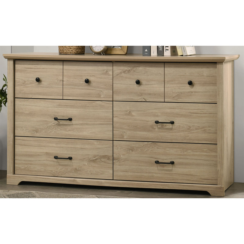 Elara 57"W Light Oak Finish 6-Drawer Dresser With Black Handles, Light Oak
