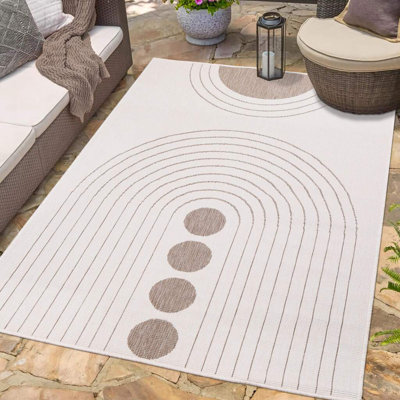 Indoor and outdoor rug in beige and cream - reversible rug - 120cm round - circle pattern - weather -resistant