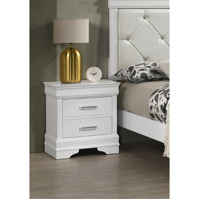 1Pc Modern Glam Style Two Drawers Nightstand Solid Wood Crystal-Like Diamond Tufted Texture Finish Bedroom Furniture White