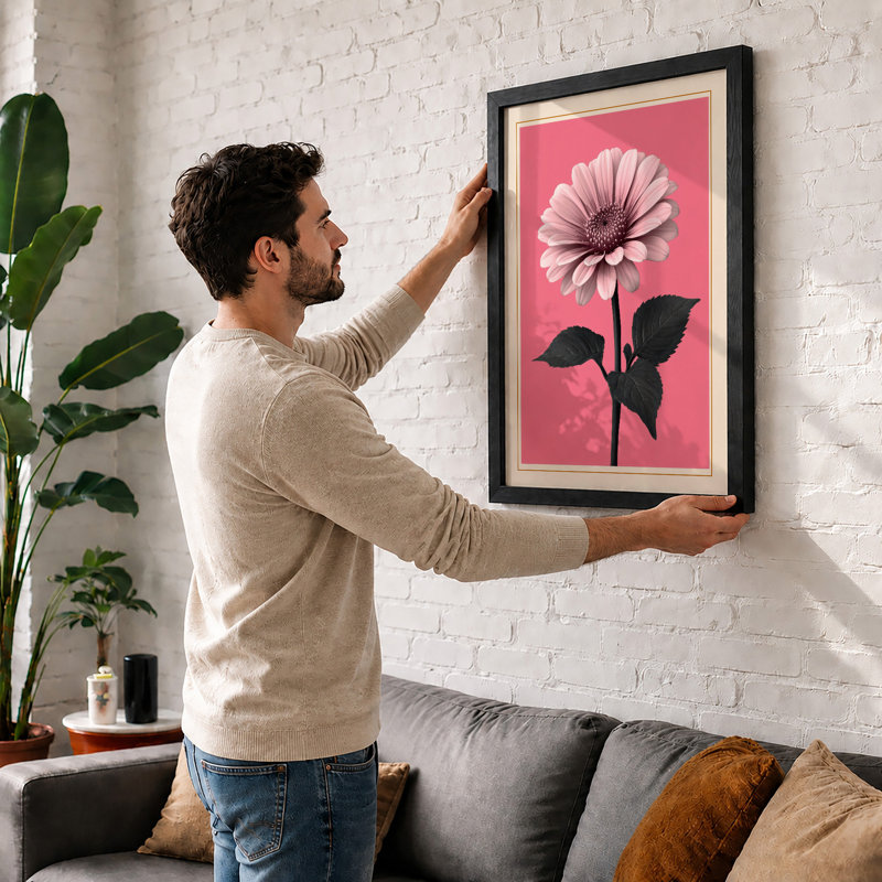 Pink Gerbera Study Botanical - Framed Print, A2 - 59.4 x 42.0 cm, Oak