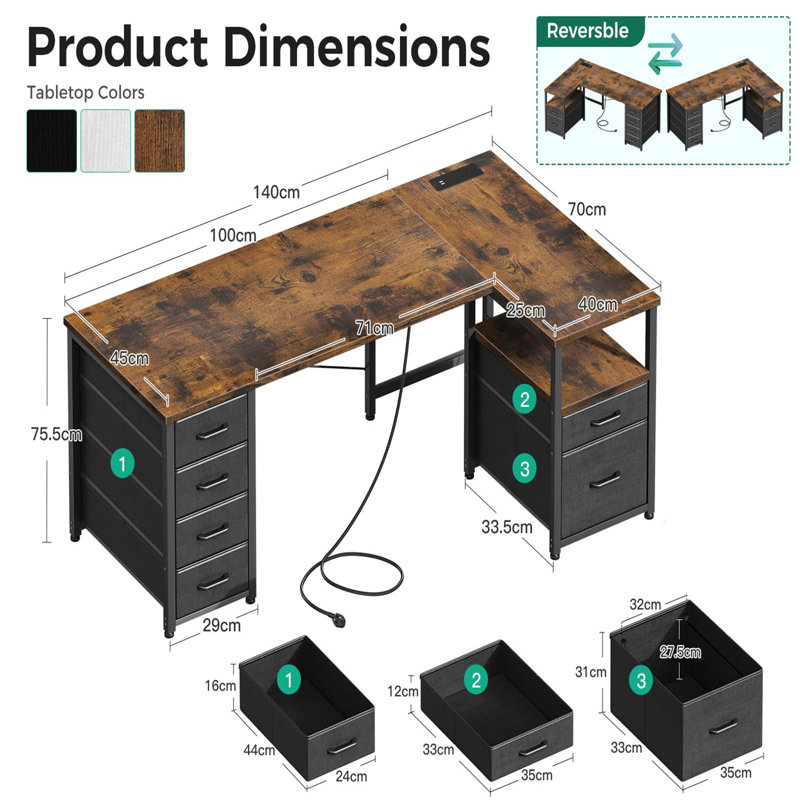 Corner Computer Desk With 1 Filing Cabinet And 5 Linen Drawers, L-Shaped Desk With Power Outlets, Brown/Black