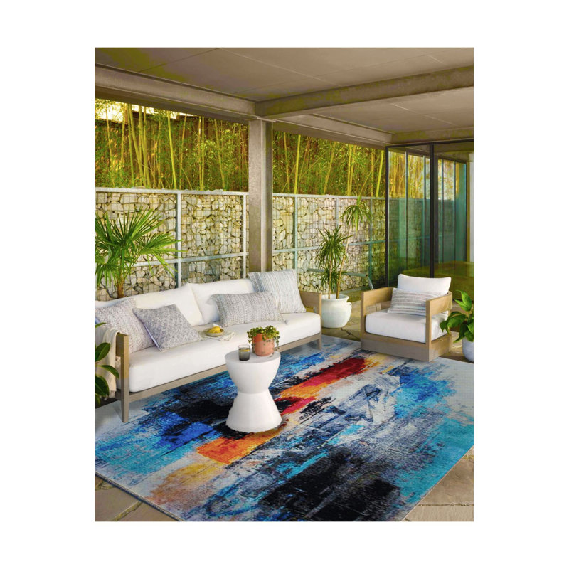 Tapis bleu tissé à la machine lavable à la machine, Rectangle 2 pi 4 po x 3 pi 11 po