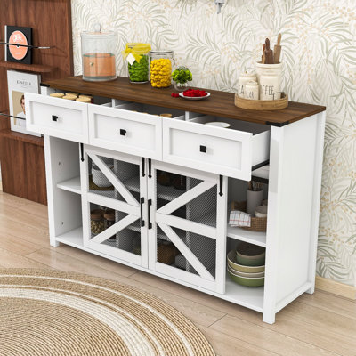 Sliding Barn Door Sideboard Buffet Cabinet with 3 Drawers, Adjustable Shelves and Metal Mesh Doors