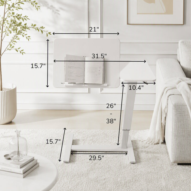 Bureau mobile à poser au-dessus du lit avec support inclinable pour ordinateur portable, hauteur réglable et roulettes, Blanc