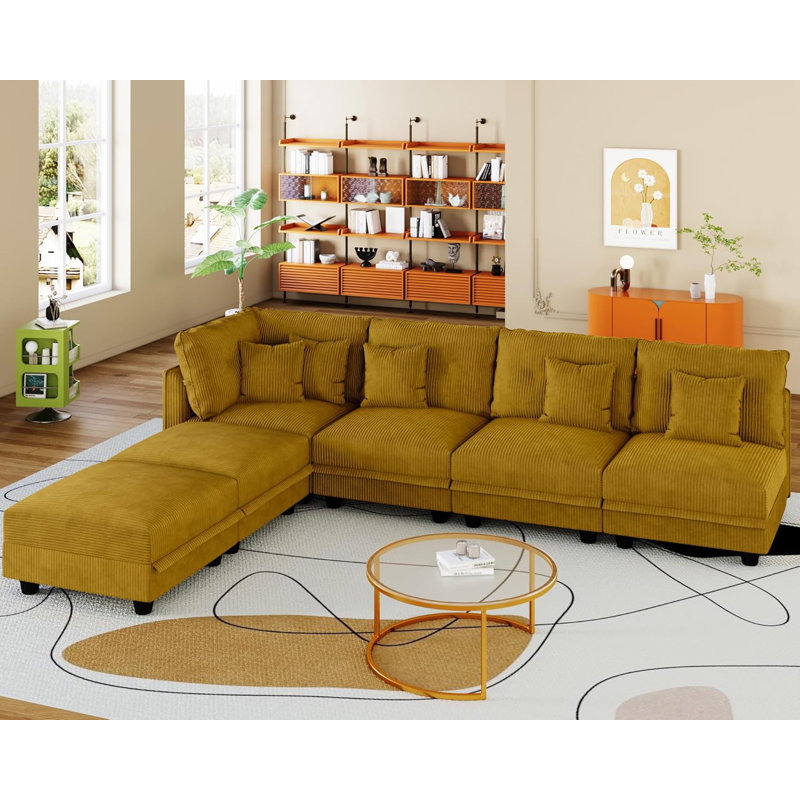Degennaro 6 Seat Corduroy Convertible Modular Sectional Sleeper With Storage, Yellow Corduroy