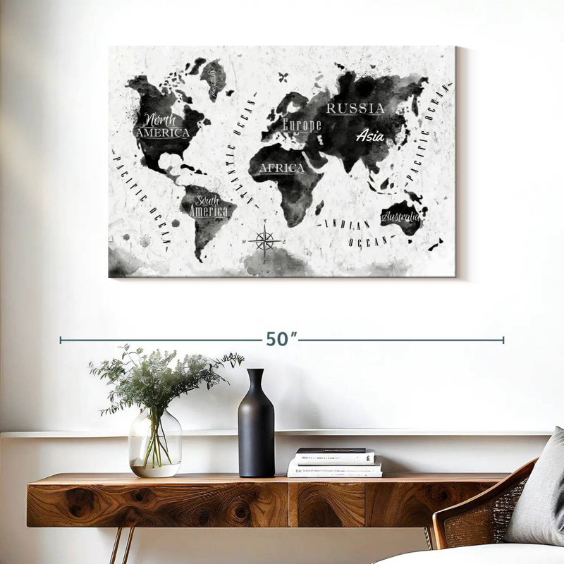 Carte du monde à l'encre noire d'Aliaz, H 26 po x l 39 po